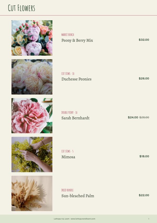 Garden & Floral — product page, Line sheet