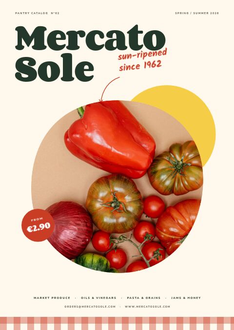 Pantry catalog cover with heirloom tomatoes, red pepper and onion in a round frame, a from-€2.90 badge and gingham trim