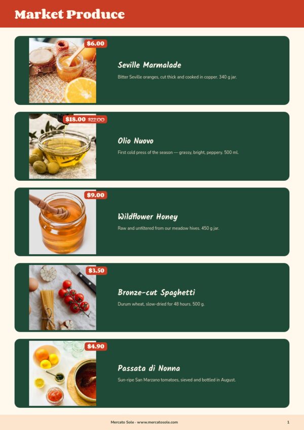 Food & Beverage — product page, Line sheet
