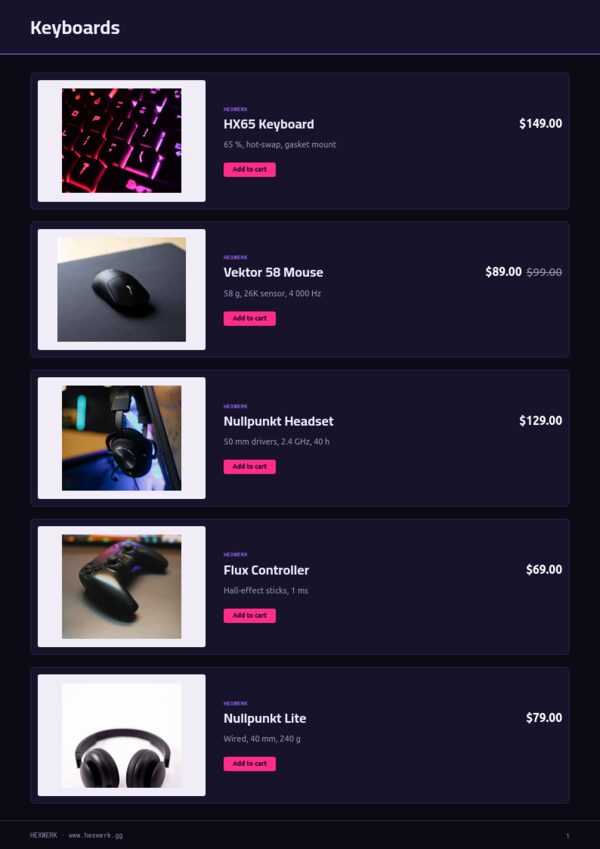 Gaming & Esports Gear — product page, Line sheet