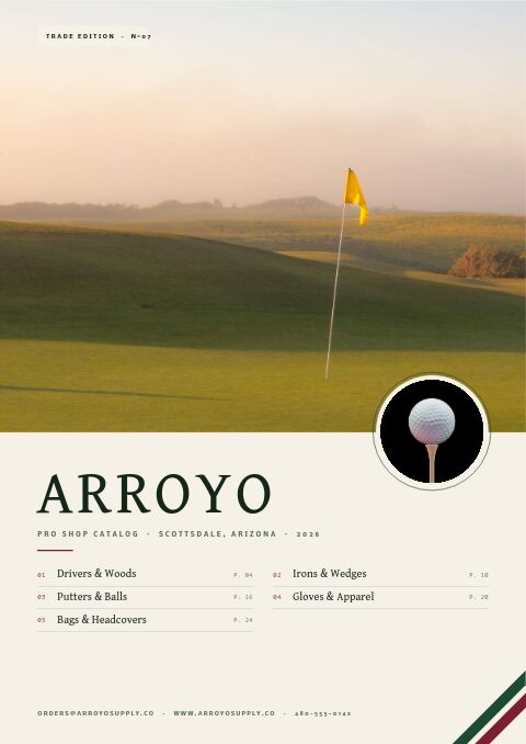 Golf pro shop catalog cover with a hazy course and yellow flag above a cream panel listing five sections