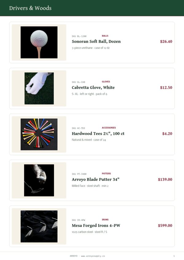 Golf & Club — product page, Line sheet