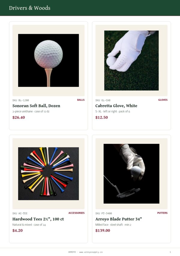 Golf & Club — product page, 2 × 2 grid