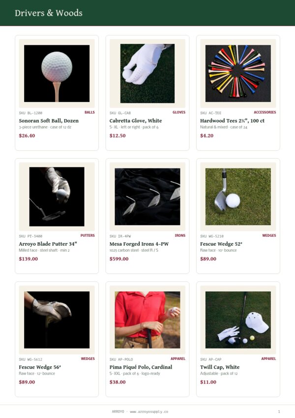 Golf & Club — product page, 3 × 3 grid