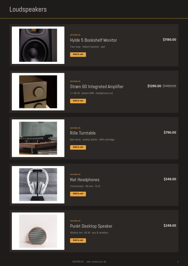 Hi-Fi & Audio — product page, Line sheet