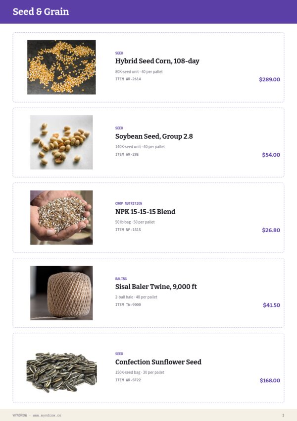 Agricultural Supplies Premium — product page, Line sheet