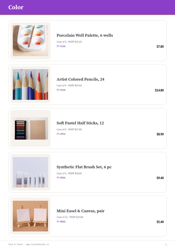 Arts & Crafts Premium — product page, Line sheet