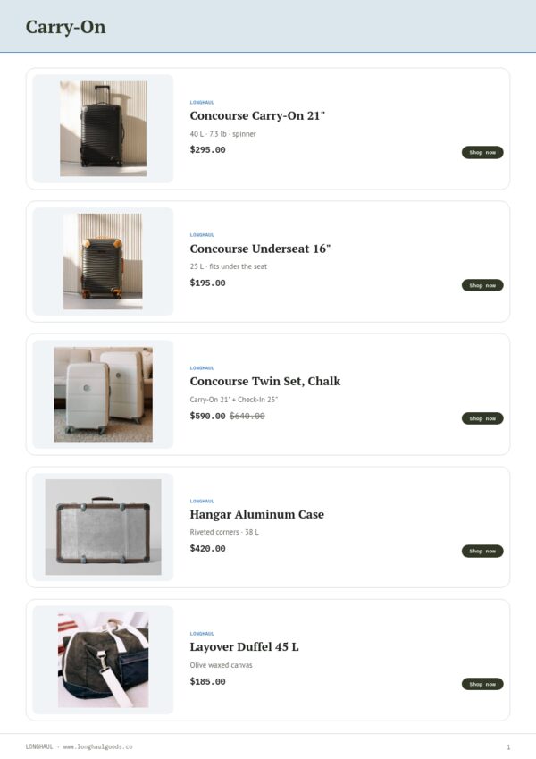Bags & Luggage Premium — product page, Line sheet