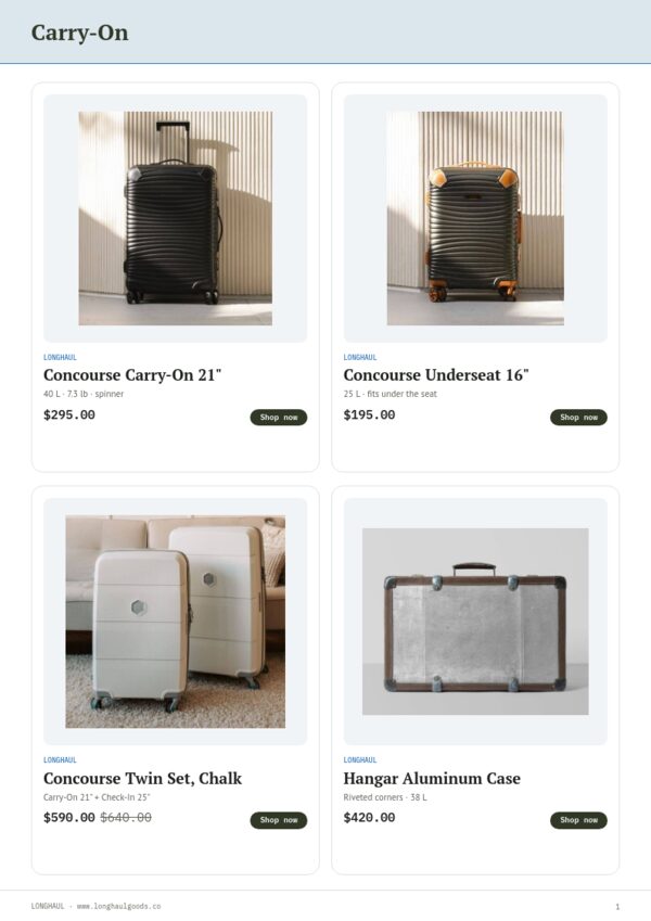 Bags & Luggage Premium — product page, 2 × 2 grid