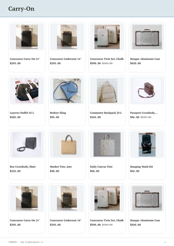 Bags & Luggage Premium — product page, 4 × 4 grid