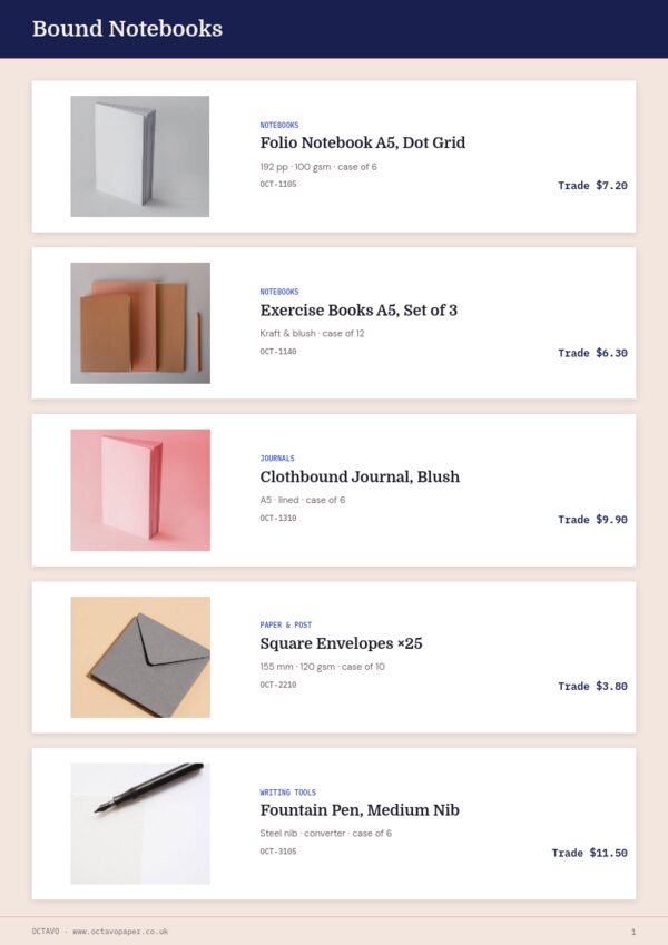 Books & Stationery Premium — product page, Line sheet
