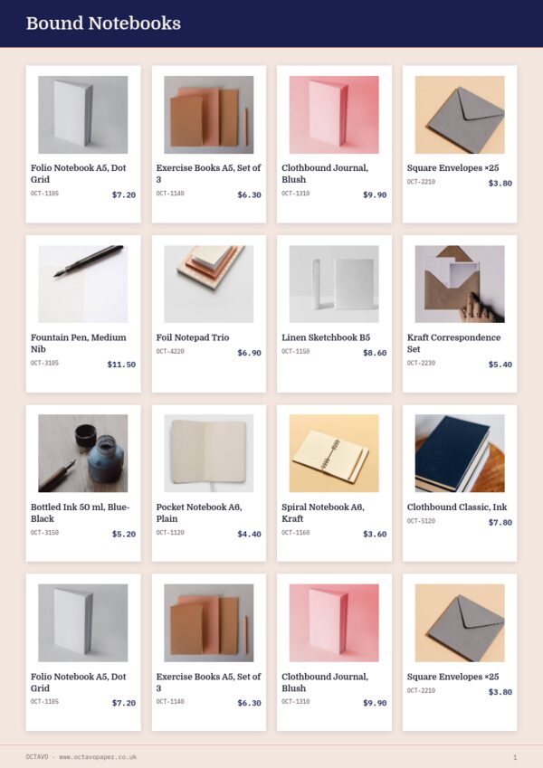 Books & Stationery Premium — product page, 4 × 4 grid