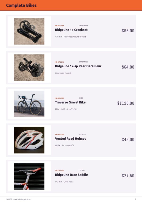Cycling Premium — product page, Line sheet