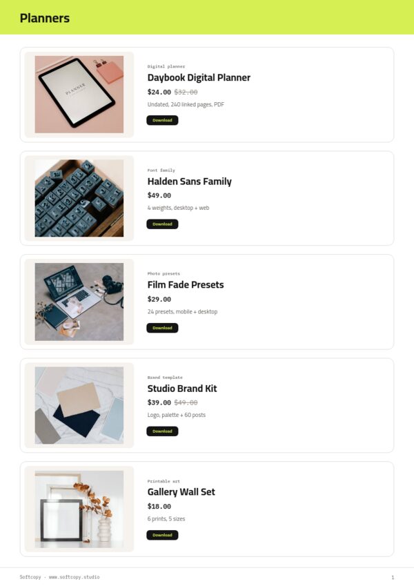 Digital Products Premium — product page, Line sheet