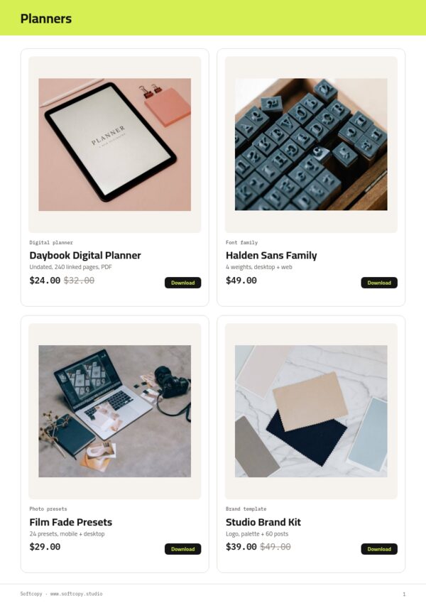 Digital Products Premium — product page, 2 × 2 grid
