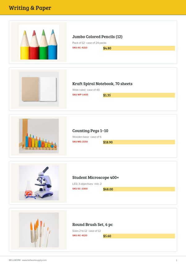 Educational Supplies Premium — product page, Line sheet