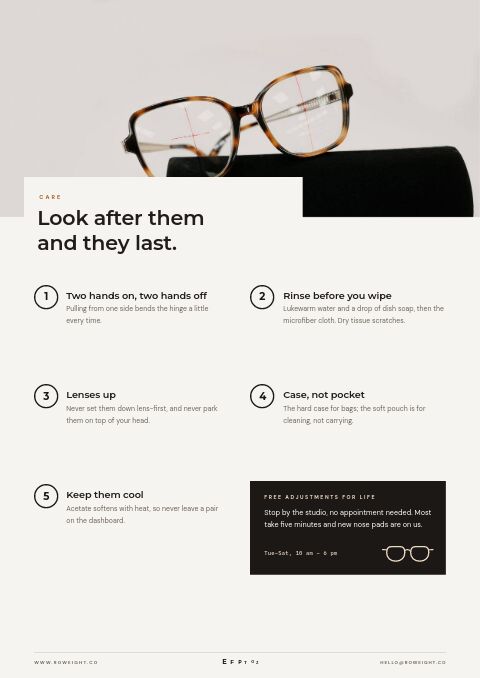 Eyewear Premium — Care Instructions page