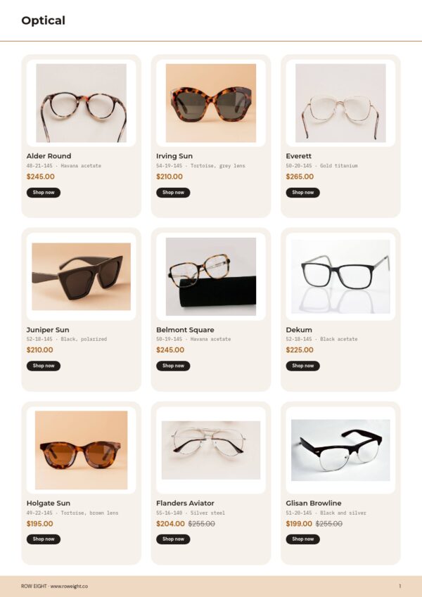 Eyewear Premium — product page, 3 × 3 grid