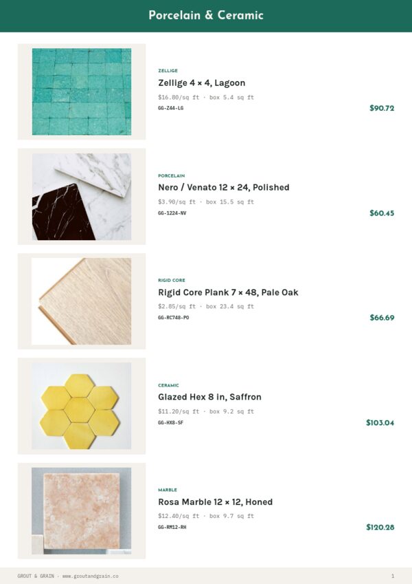 Flooring & Tile Premium — product page, Line sheet
