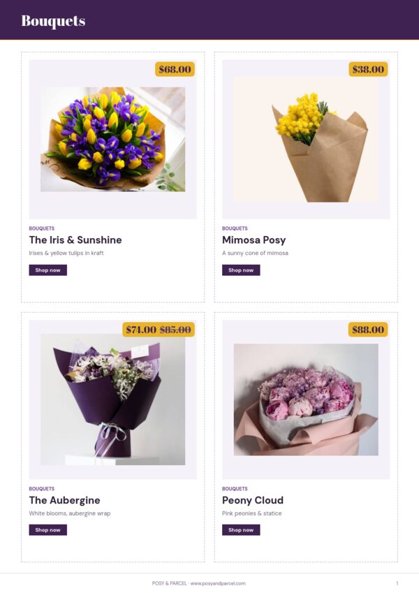 Flowers & Gifts Premium — product page, 2 × 2 grid