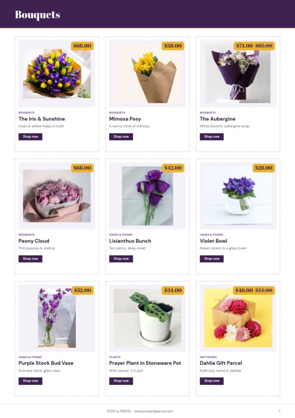 Flowers & Gifts Premium — product page, 3 × 3 grid