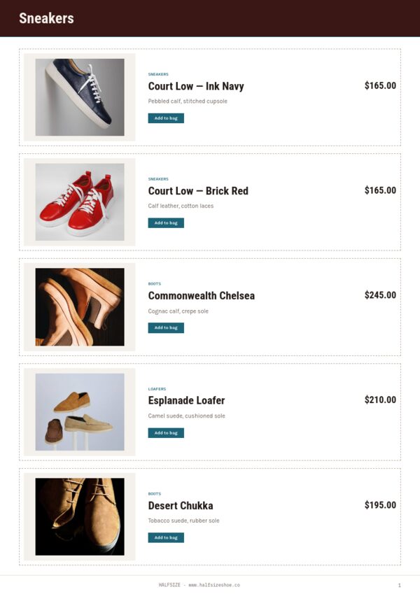 Footwear Premium — product page, Line sheet