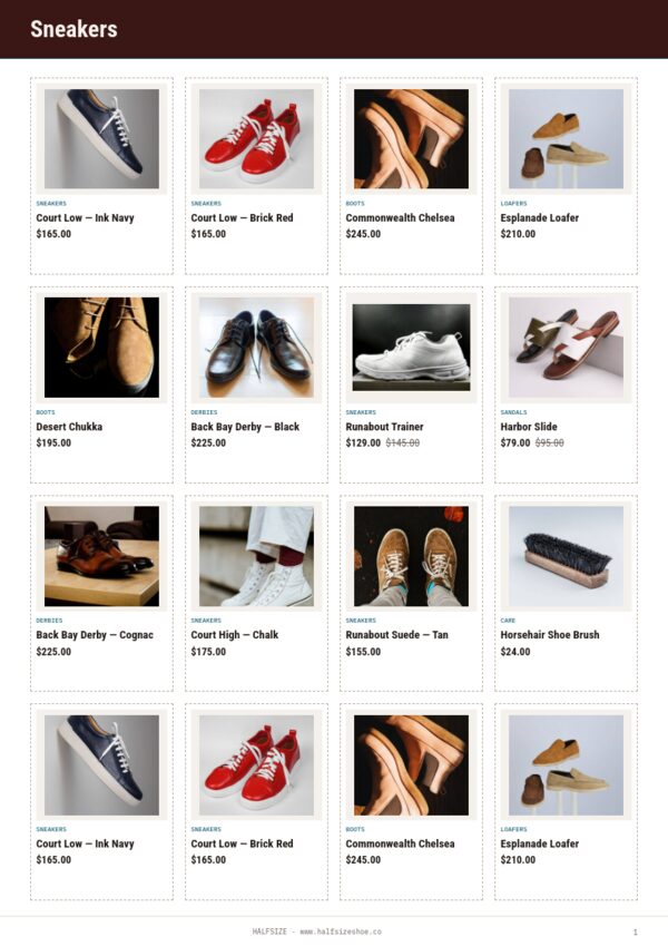Footwear Premium — product page, 4 × 4 grid