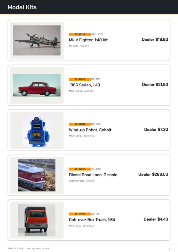 Hobby & Collectibles Premium — product page, Line sheet