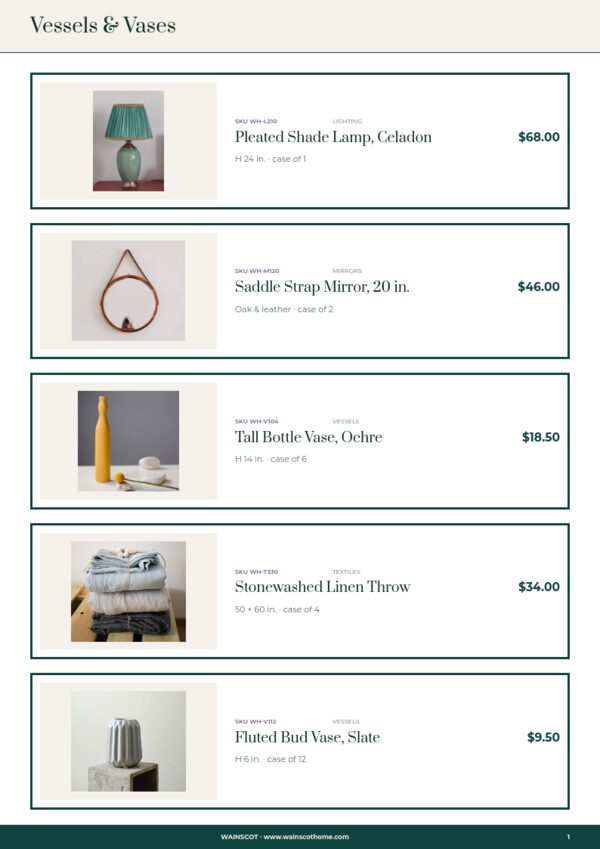 Home Decor Premium — product page, Line sheet