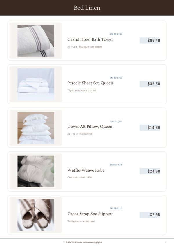 Hotel Supplies Premium — product page, Line sheet