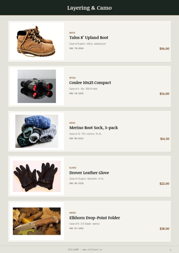 Hunting Premium — product page, Line sheet