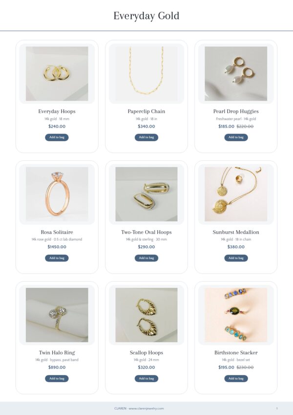 Jewelry Premium — product page, 3 × 3 grid