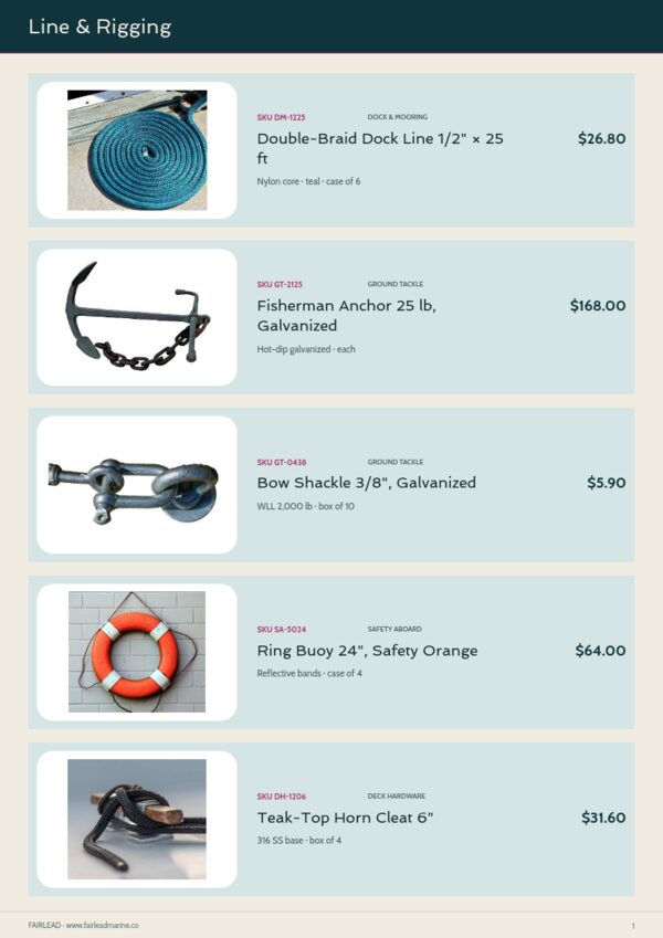 Marine & Boating Premium — product page, Line sheet