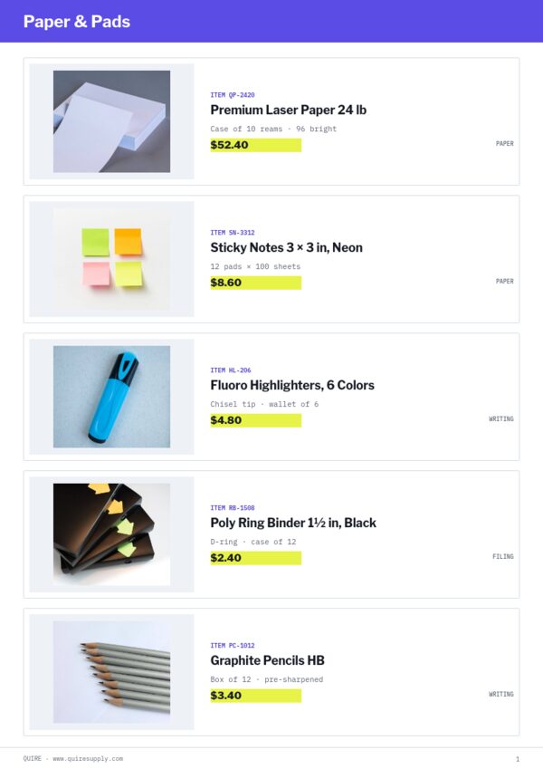 Office Supplies Premium — product page, Line sheet