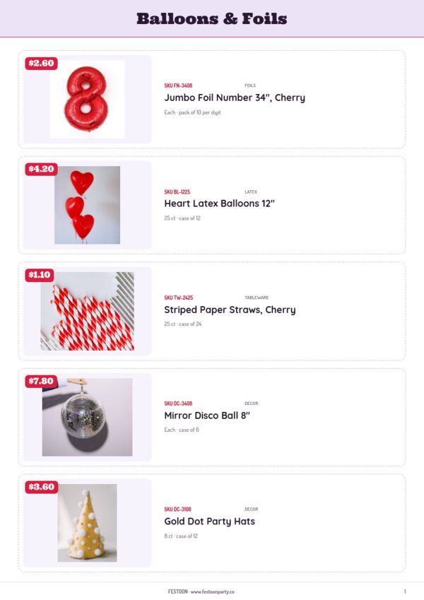 Party Supplies Premium — product page, Line sheet