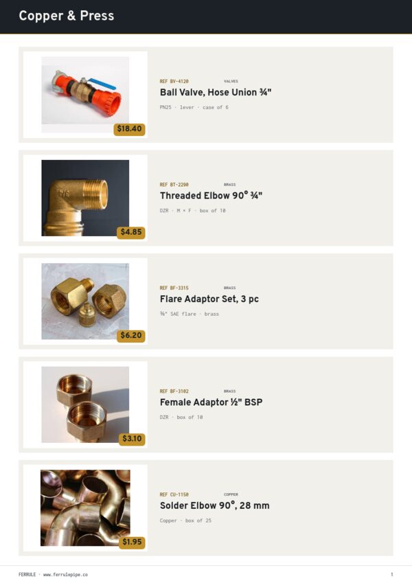 Plumbing Supplies Premium — product page, Line sheet