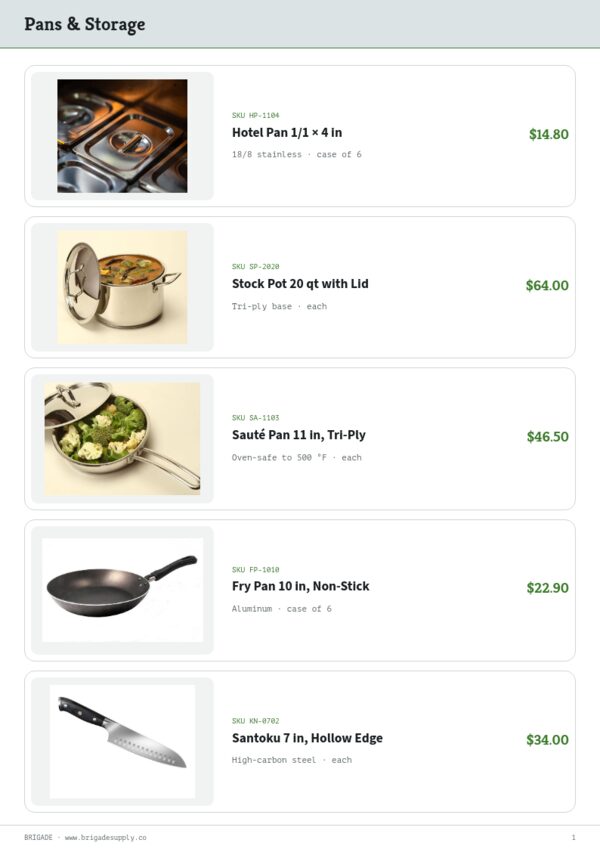 Restaurant Supplies Premium — product page, Line sheet