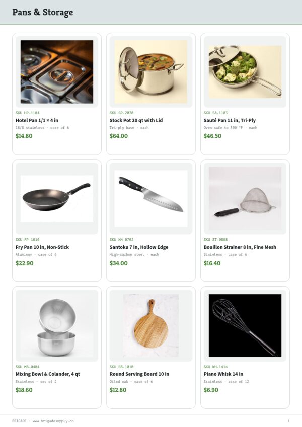 Restaurant Supplies Premium — product page, 3 × 3 grid