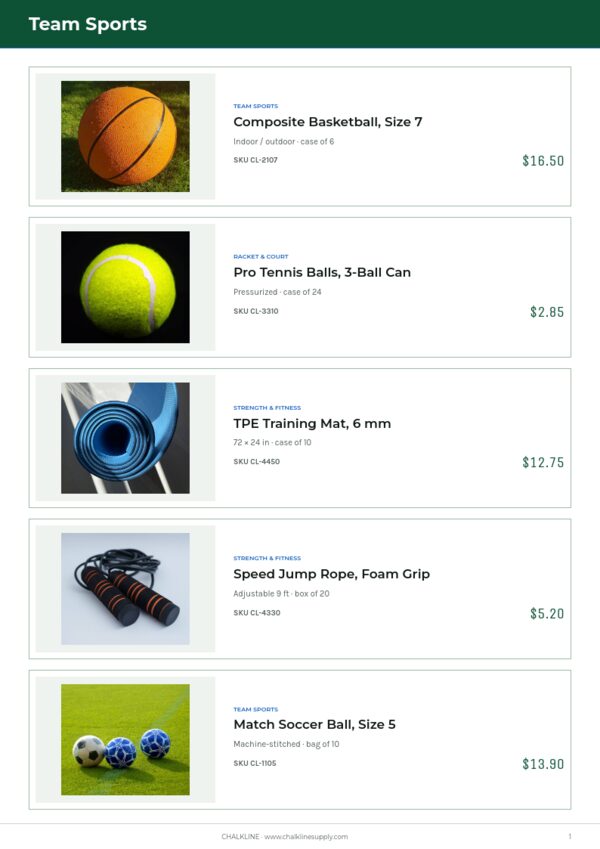 Sports & Outdoors Premium — product page, Line sheet