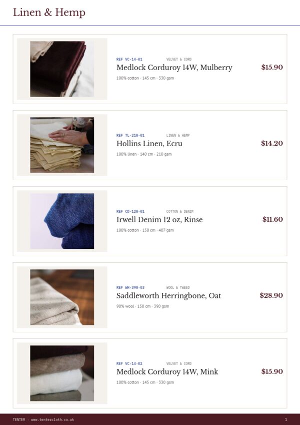 Textiles & Fabrics Premium — product page, Line sheet