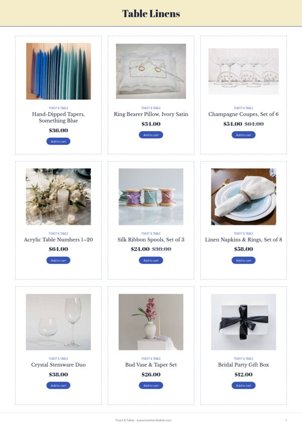 Wedding Supplies Premium — product page, 3 × 3 grid
