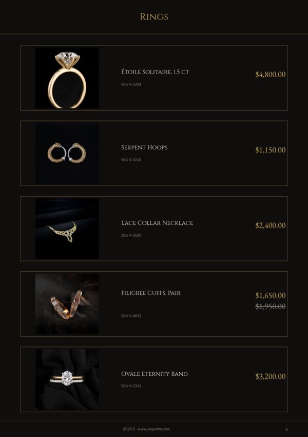 Jewelry & Accessories — product page, Line sheet