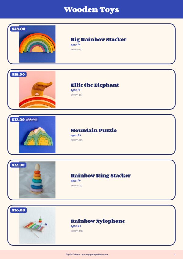 Kids & Toys — product page, Line sheet