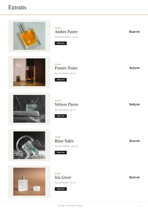Perfume & Fragrance — product page, Line sheet