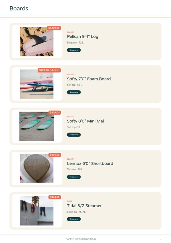 Surf & Beach — product page, Line sheet