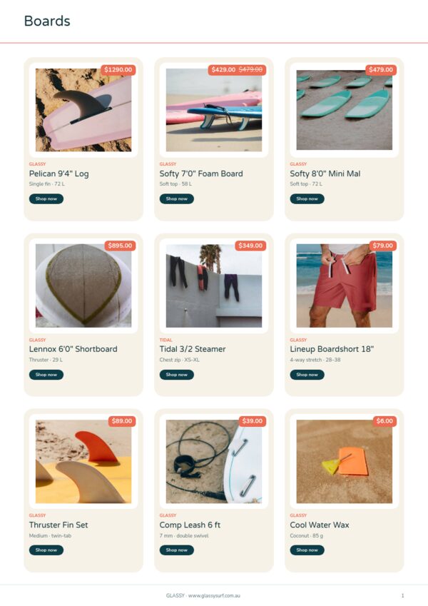 Surf & Beach — product page, 3 × 3 grid