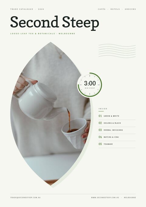Tea catalog cover with tea poured from a white pot inside a leaf-shaped frame, a 3:00 steep-timer ring and a range list