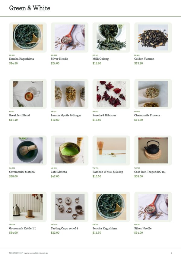 Tea & Botanicals — product page, 4 × 4 grid