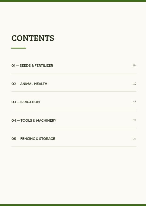 Agricultural Supplies — Contents page