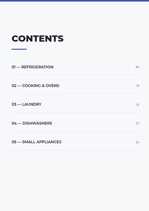Appliances — Contents page